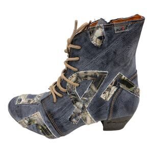 TMA EYES Distressed Boho Newsprint Layered Leather Heeled Ankle Boots 7 Women's